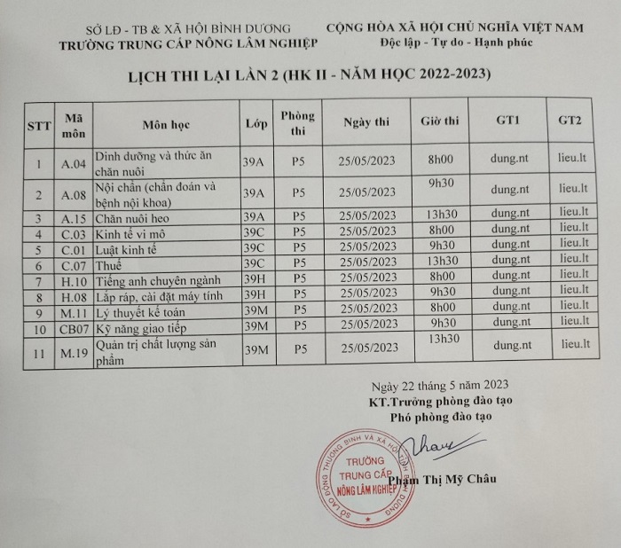 Lịch thi lại học kỳ 2, năm học 2022-2023
